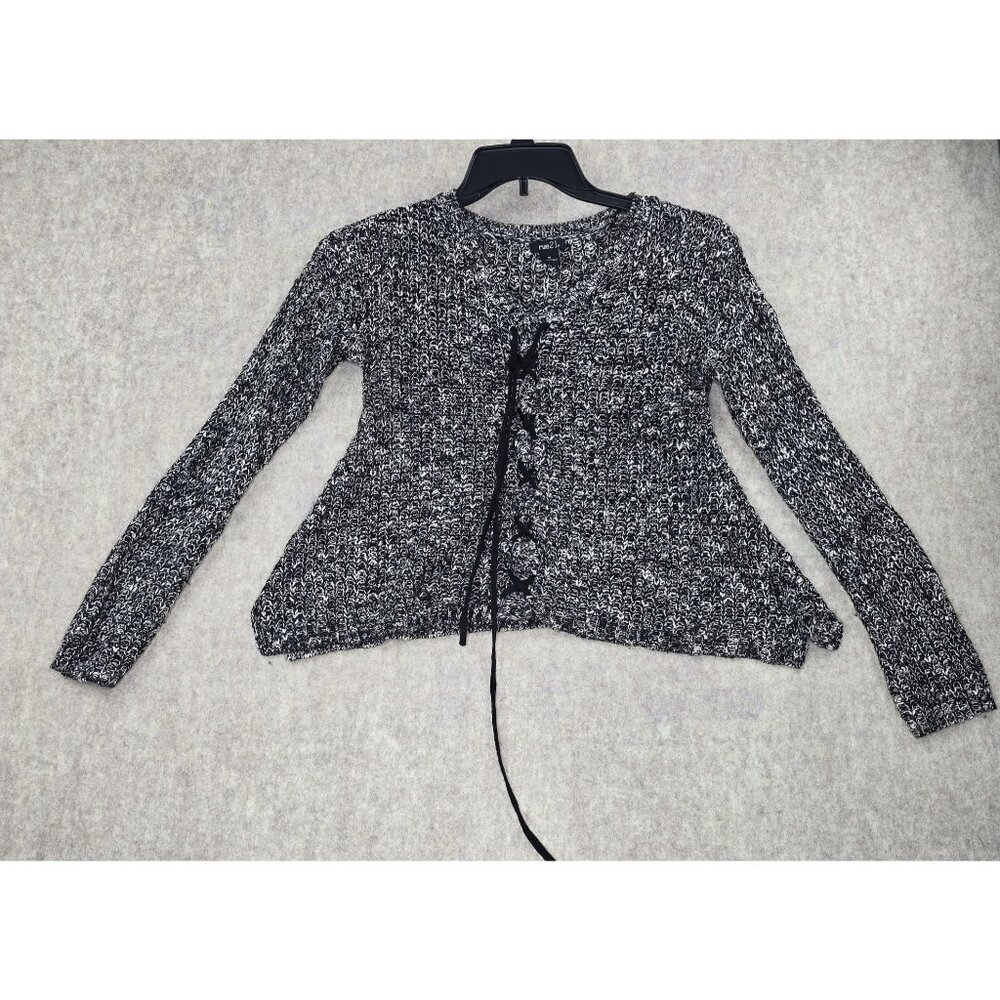 Rue21 Womens Black & White Knit Cardigan Sweater Medium Acrylic Tie Front
